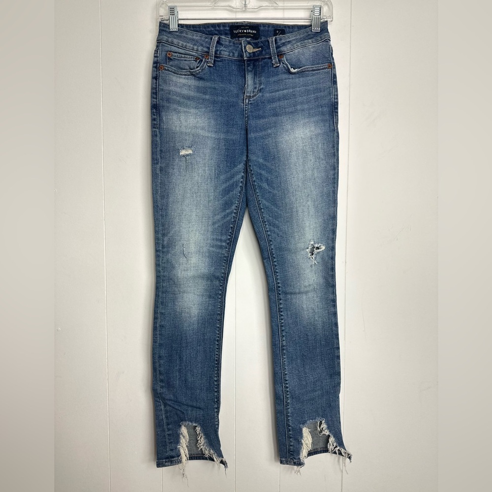 Lucky Brand Jeans Womens Sz 0/25 Blue Lolita Skinny Distress Fray Dark Wash